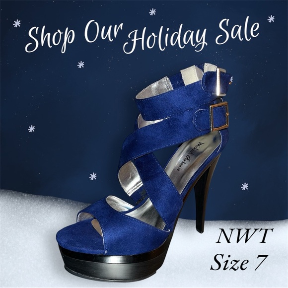 NWT/NIB Michael Antonio Blue microfiber “Emelie” size 7 strappy platform heels - Picture 1 of 15